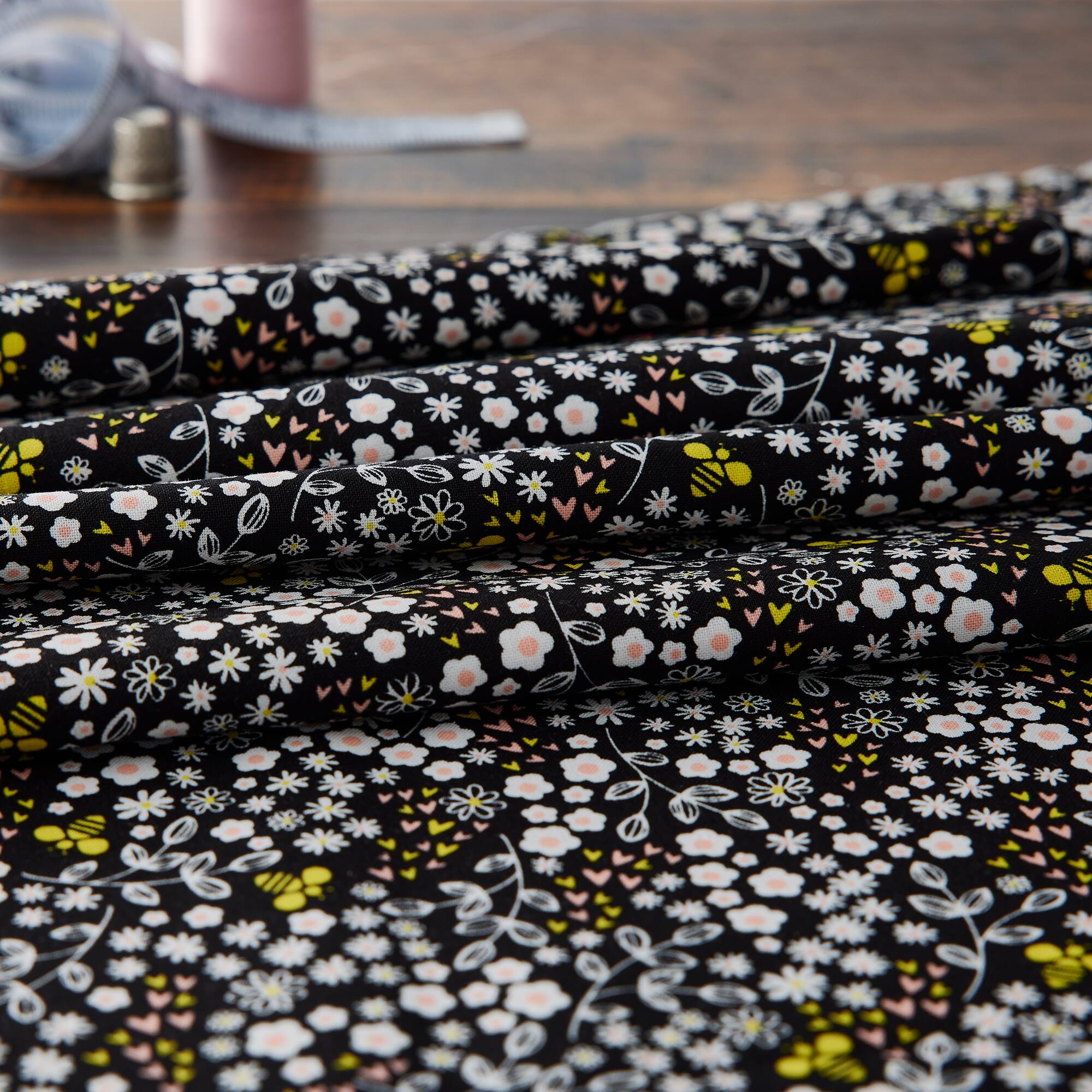 Camelot Fabrics Beeyoutiful Black Ditsy Floral Cotton Fabric